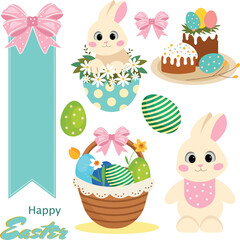 Easter Bunny, Eggs, Basket and Holiday Decorations Vector Set