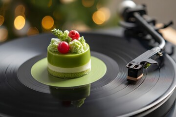 Festive Green Dessert with Vinyl Record in Christmas Scene