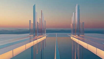 Layered translucent planes forming a synthetic horizon line, futuristic minimal digital landscape

