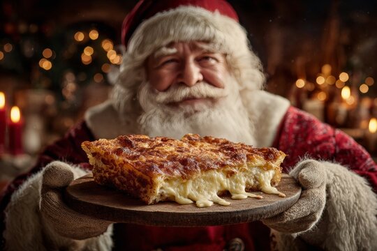 Sopa Paraguaya on wooden plate held by man in festive Santa suit. Concept of cozy atmosphere with bokeh lights, showcasing cornbread cheese Paraguayan traditional cooked delight.