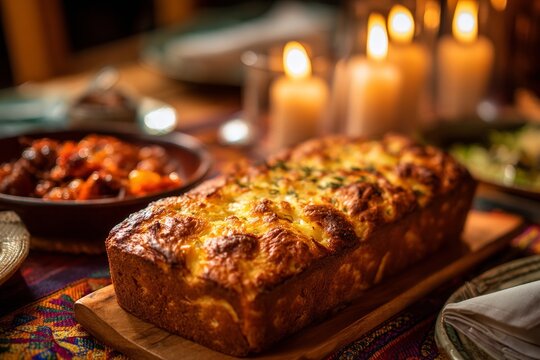 Sopa Paraguaya on wooden serving board, warm lighting creates cozy atmosphere. Concept of cornbread cheese Paraguayan traditional cooked dish inviting diners to enjoy. 