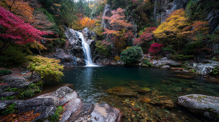 Waterfall flows into pond surrounded by colorful autumn trees
