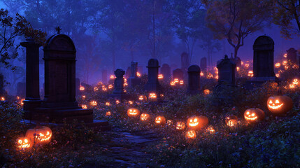 Obraz premium Pumpkins light graveyard path during Halloween night event