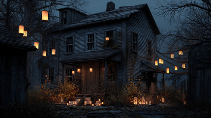 Old house surrounded by lanterns at night in a quiet setting
