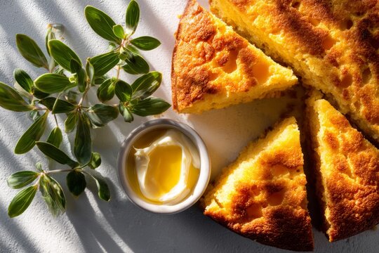 Sopa Paraguaya, golden brown cornbread with fluffy interior beside creamy butter. Concept of warm, inviting setting, showcasing traditional Paraguayan cooked dish. 