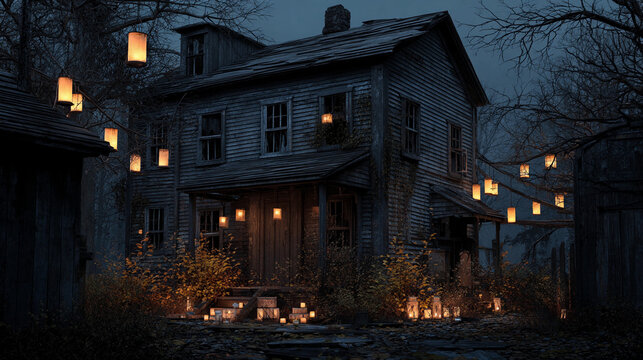 Old house surrounded by lanterns at night in a quiet setting