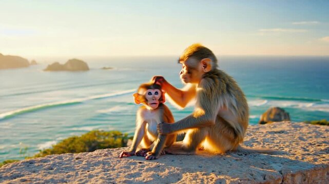 Two monkeys grooming on a cliff overlooking the ocean at sunset with islands in the distance monkey video