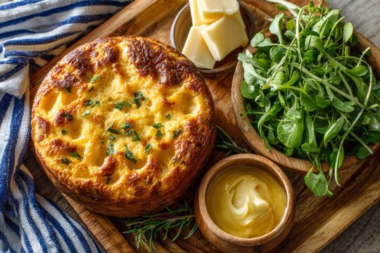 Sopa Paraguaya served on rustic wooden tray, accompanied by green leafy vegetables and creamy mayonnaise. Concept of warm, inviting, cornbread cheese Paraguayan traditional cooked experience.
