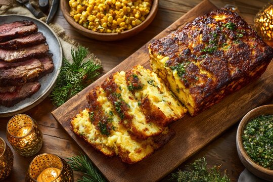 Sopa Paraguaya on rustic wooden table, highlighting golden loaf with moist interior. Concept of warm ambiance featuring cornbread cheese Paraguayan traditional cooked delicacies.