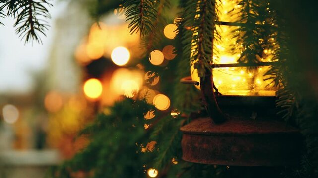 Rustic lantern with warm light among christmas garland and pine branches