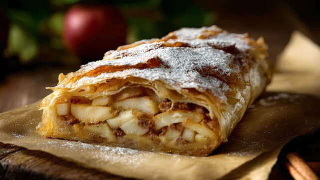 Baking and serving homemade apple strudel with dusted powdered sugar in a cozy kitchen setting