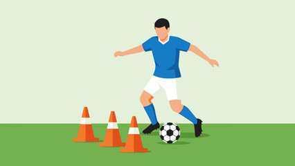 Fototapeta premium 3D vector illustration of an athletic boy footballer in action kicking a ball on the green grass during a soccer competition goal game play
