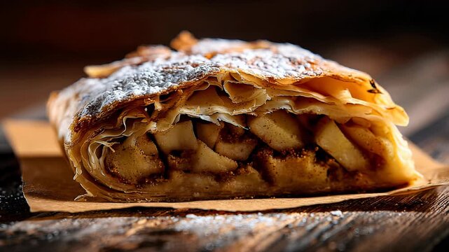 Closeup of Apple Pie with Flaky Crust and Powdered Sugar on Top in Rustic Setting