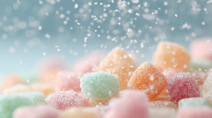 Close-up of a pile of colorful candies. the candies are in various shapes and sizes, with some being orange, pink, green, and yellow.