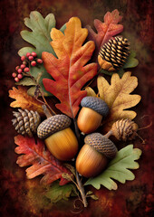 Rich autumn colors come together in a beautiful display of acorns, leaves, and pinecones. This seasonal arrangement captures the essence of fall in nature's bounty.