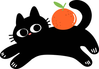Jumping Black Cat with Orange Fruit - Cute Cartoon Kitten Vector Illustration