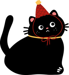 Black Cat Party - Cute Cartoon Kitten Wearing Red Birthday Hat with Bow Tie Illustration