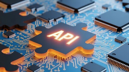 A glowing puzzle piece with 'api' text symbolizes integration on a high-tech circuit board