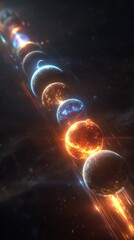 Colorful planets in a cosmic alignment, showcasing vibrant textures and glowing surfaces, set against a dark space backdrop, representing the beauty of the universe