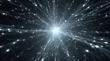 Abstract digital illustration depicting a luminous network of interconnected lines and particles radiating from a central point, symbolizing energy and connectivity in a cosmic environment