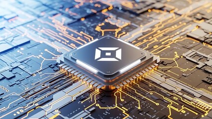 Central processing unit on a circuit board with glowing golden traces representing data flow and technology