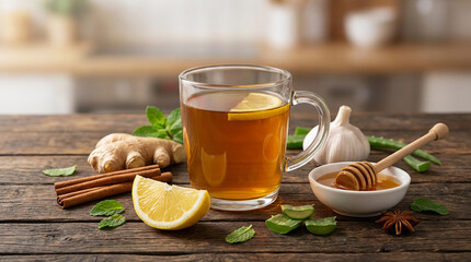 Warm mug of ginger tea with lemon, honey, and natural ingredients like ginger root, garlic, and aloe vera on a rustic wooden table, perfect for health and wellness