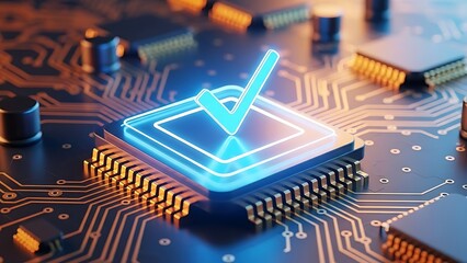 Checkmark on a circuit board signifying quality assurance and digital verification