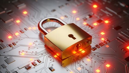 Golden padlock on a high-tech circuit board illustrating digital security