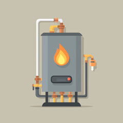 A flat illustration of a heating furnace with a burning flame