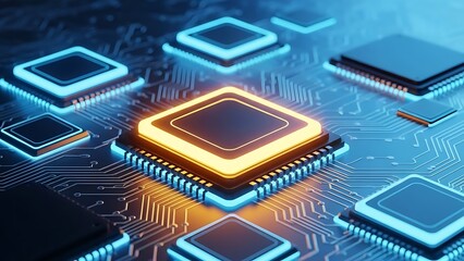 Advanced microchip processing on a glowing circuit board representing modern technology