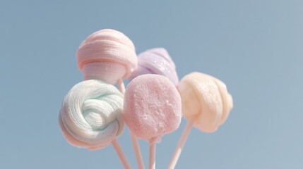 Group of lollipops on a stick against a light blue background. there are six lollipop sticks in total, each with a different color - pink, white, green, and light pink.