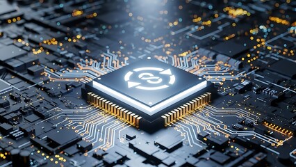 Advanced processing chip on a circuit board with glowing traces representing data flow