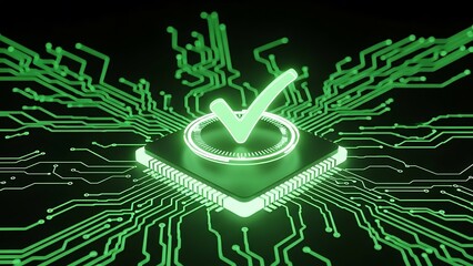 Digital verification on a glowing green circuit board representing data security and success