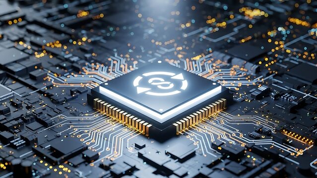 Advanced processing chip on a circuit board with glowing traces representing data flow - Powered by Adobe