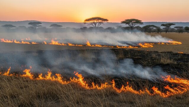 Controlled burn in African savanna at sunset with trees in background.