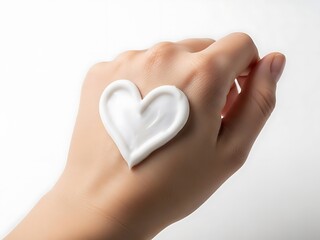 Fototapeta premium Hand holding a heart shaped cream on white background