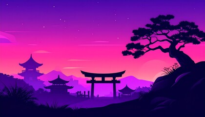 Stylized silhouette of a serene East Asian landscape at twilight, showcasing traditional pagodas and a majestic torii gate against a vibrant purple and pink starlit sky