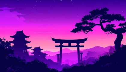 Vibrant Japanese landscape featuring traditional pagodas and a torii gate silhouetted against a stunning purple and pink gradient sky, evoking serene ancient beauty