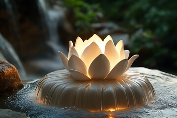 A serene glowing lotus flower floating gracefully on water with a tranquil waterfall backdrop