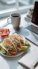 Delicious fish tacos with fresh slaw and green sauce, perfect for a productive work-from-home lunch
