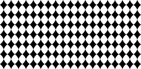 Black and white diamond harlequin design forms a bold geometric pattern. Retro circus style seamless texture ideal for fabric, wallpaper, and carnival themed creative projects.