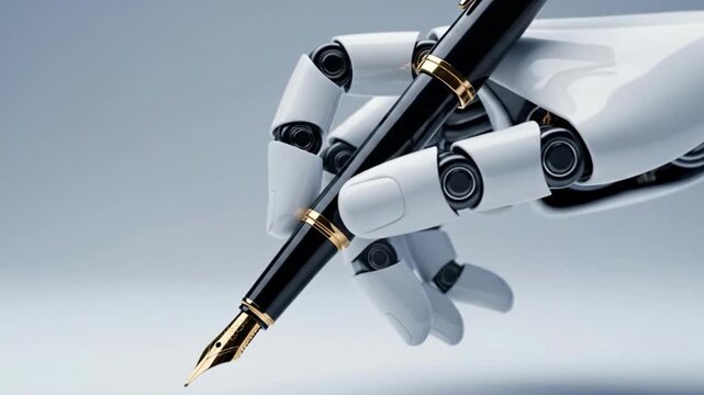 Robotic Hand Holding a Fountain Pen Writing on a Surface.