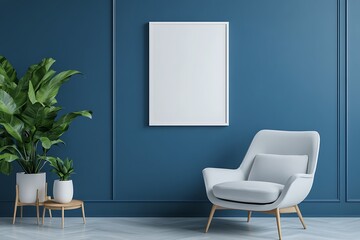 Modern minimalist living room interior with a bold blue wall, cozy armchair, and lush green plants