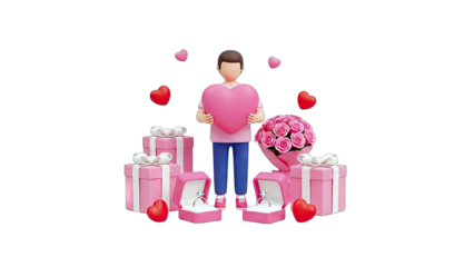 Man Holding Heart Surrounded by Gifts and Roses - Valentine's Day Concept