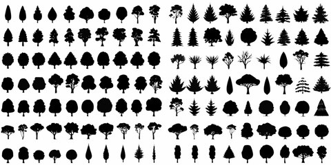 Collection of diverse silhouette trees in a grid pattern black and white © Pabitra