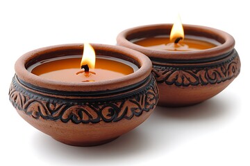 Traditional terracotta diyas with warm flames casting a beautiful glow on a white background