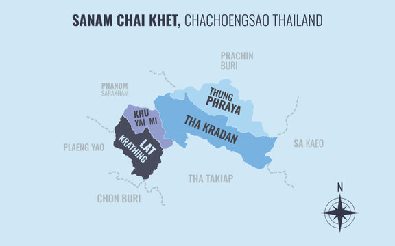 Map showing Sanam Chai Khet District Chachoengsao Thailand divided into sub-districts with minimalist colorful patterns