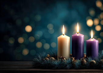 Three vibrant candles glow warmly in a cozy setting, nestled among green pine branches and golden pine cones. Soft bokeh lights create a magical atmosphere, evoking joy.