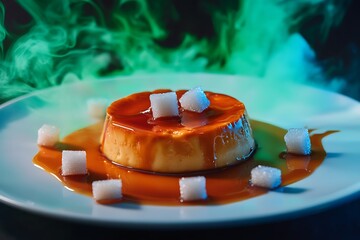 A delectable cr&egrave;me caramel dessert with rich golden sauce and sugar cubes amidst mystical green smoke