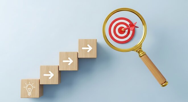 Wooden blocks illustrate step by step progress toward a clearly defined business goal under scrutiny